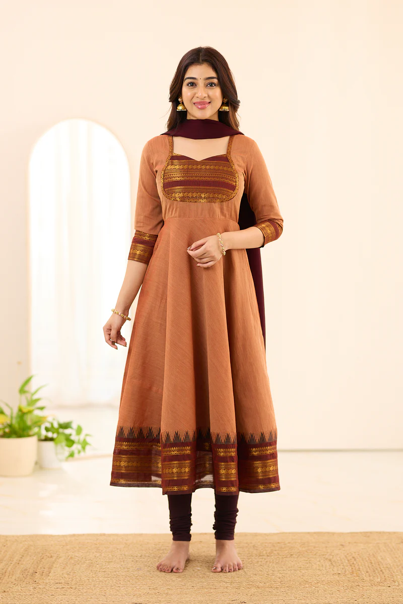 Rust Brown with Maroon & Antique Gold Border Chettinad Cotton Anarkali